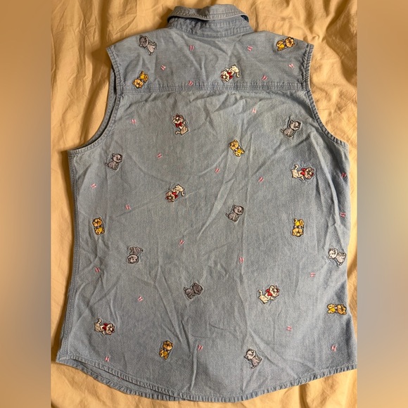 Vintage Disney Aristocats Embroidered Sleeveless Denim Button-Down Shirt • M - Picture 6 of 6